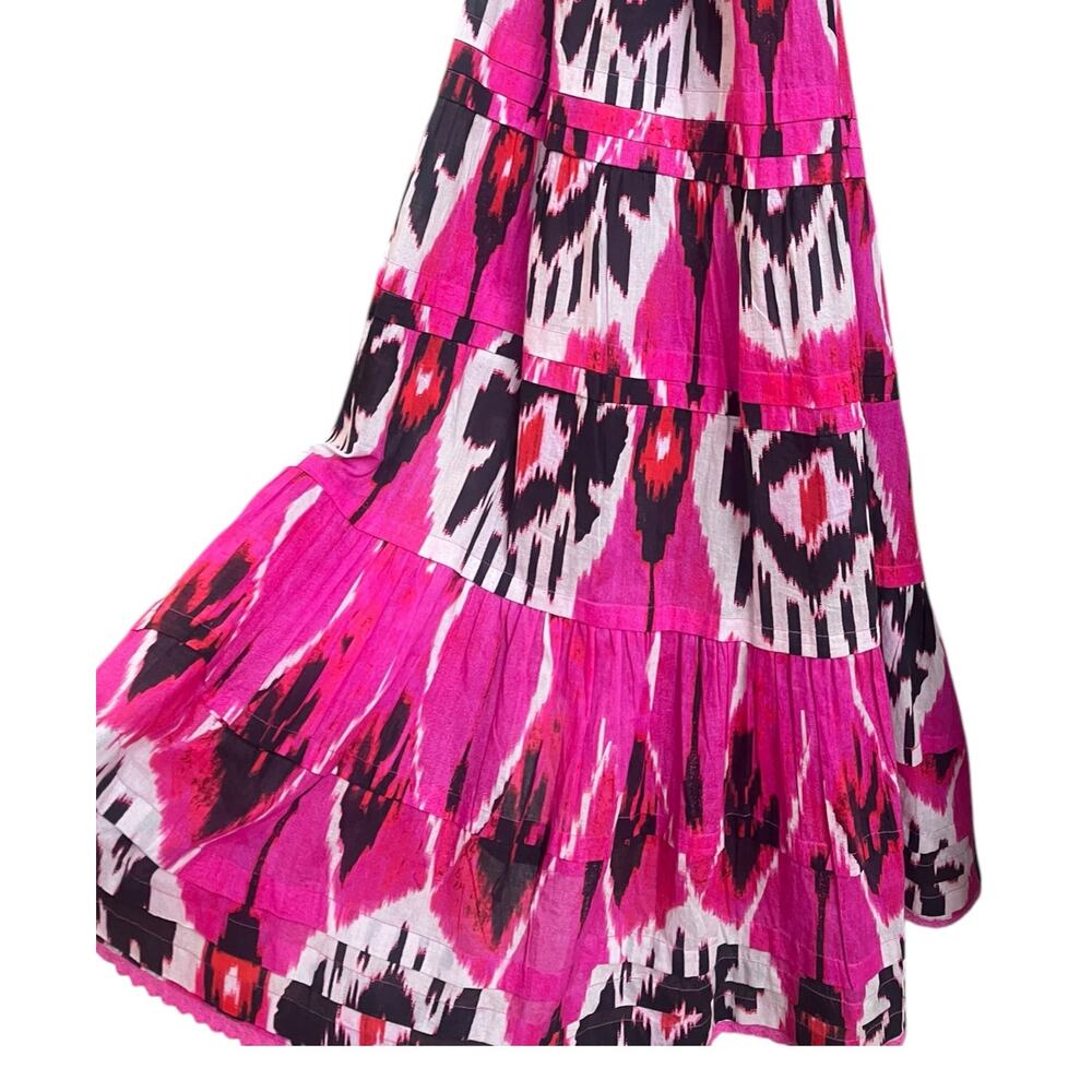 Ro's Garden Denise Halter Tie Gathered Tiered Maxi Dress | Sz XL Pink Black Ikat - Picture 8 of 16